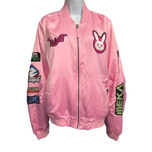 Overwatch D.Va Pink Satin XL Bomber Jacket Bunny Lined Patches Full Zip Blizzard - Picture 8 of 8
